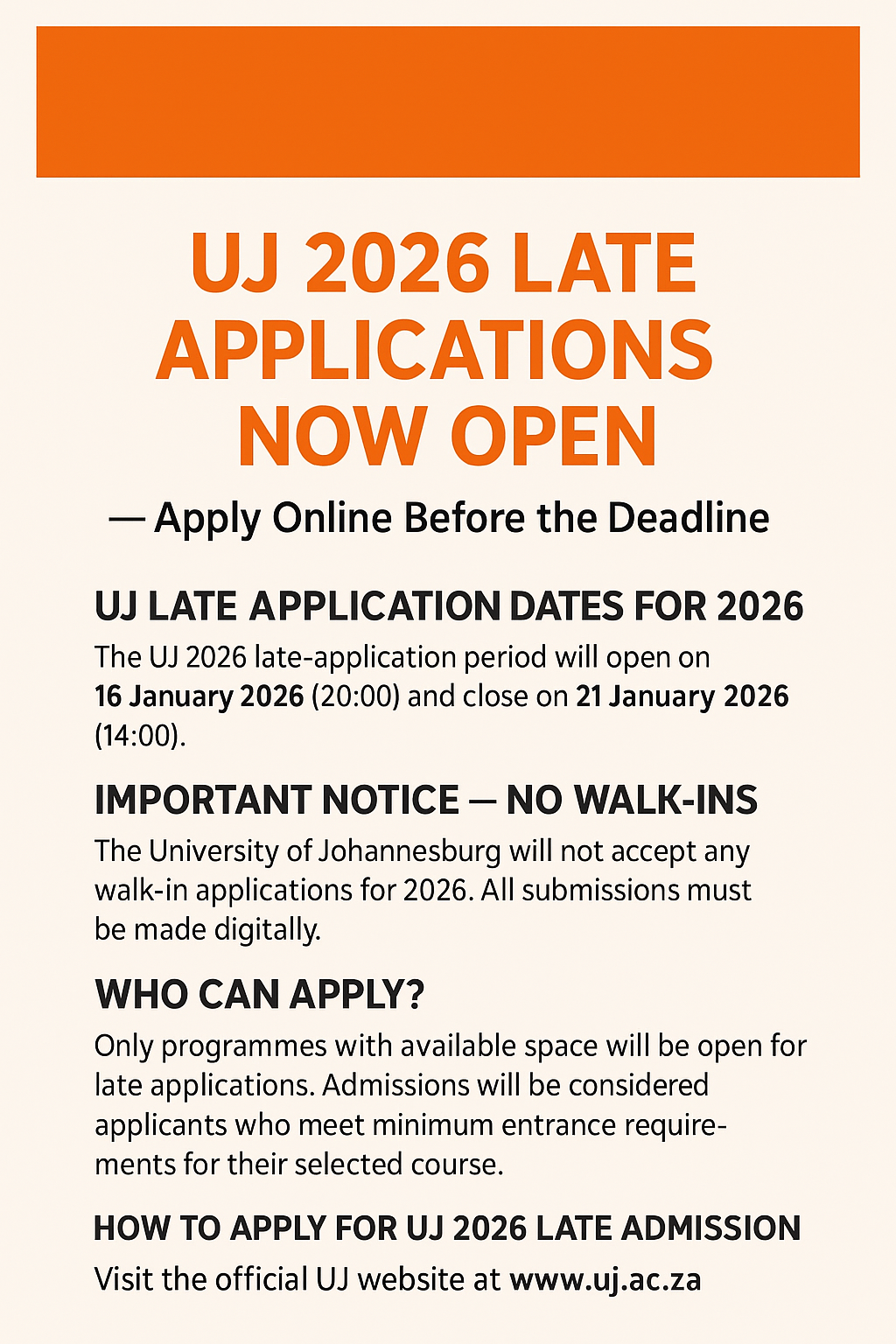 UJ 2026 Late Applications Now Open — Apply Online Before the Deadline
